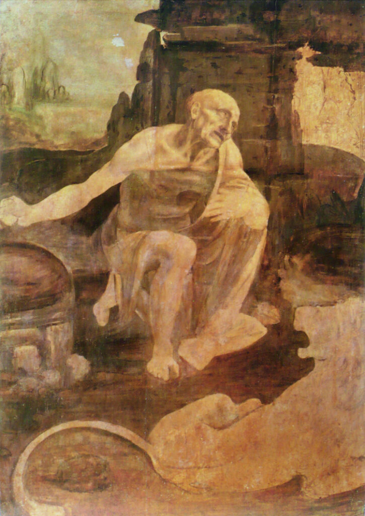 St Hieronymus i öknen. Skiss på panel, ofullbordad Leonardo da Vinci ca. 1482