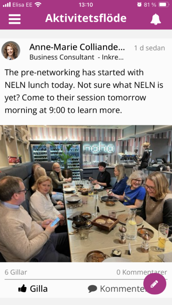 Anne-Marie Collliander Lind passade på att dela bilden av NELN-verkets inledande lunch i konferensappen VETLA under NTIF-konferensen.